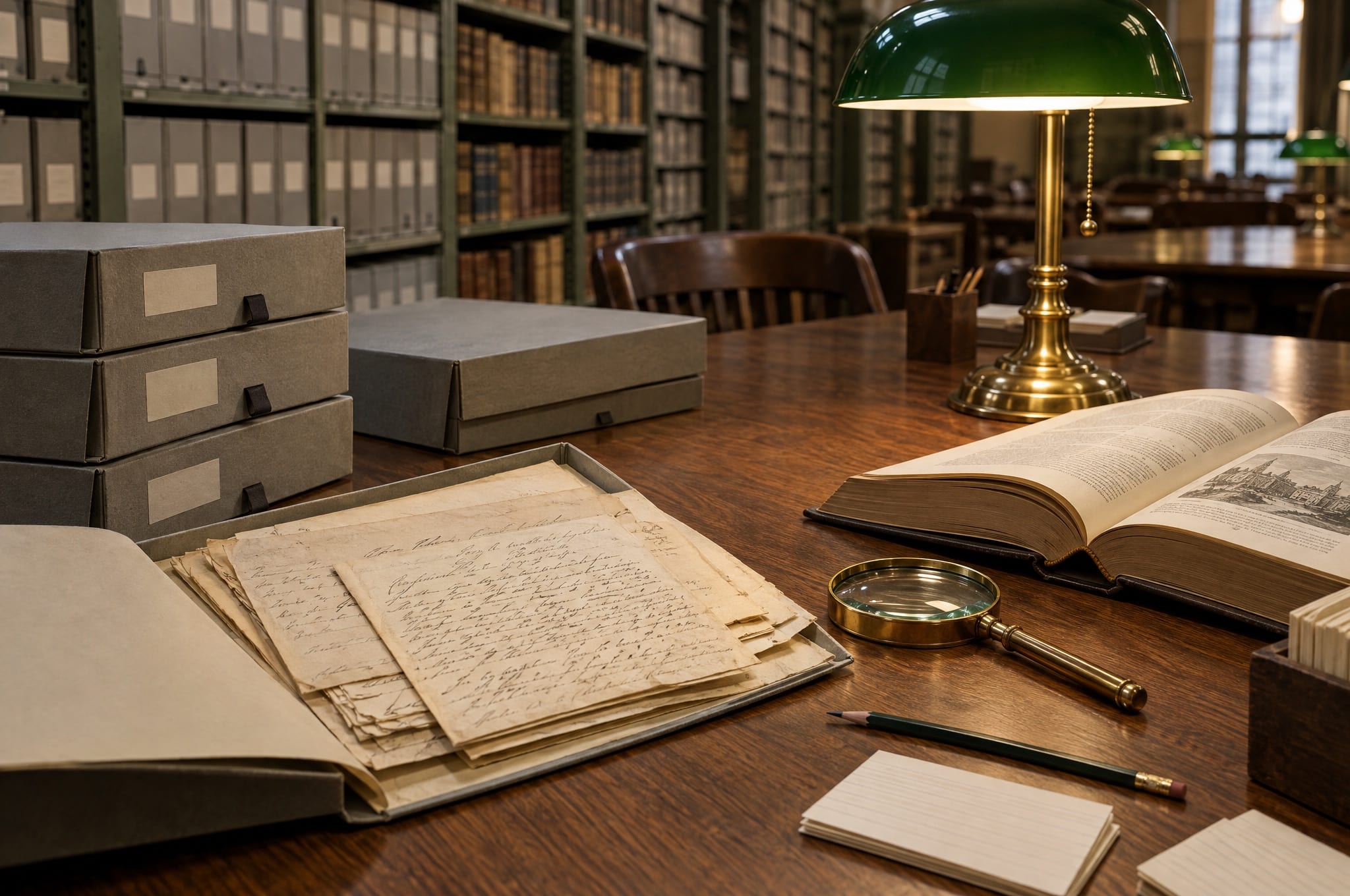 Archivlesesaal mit Dokumentenkästen, historischen Briefen und Lupe