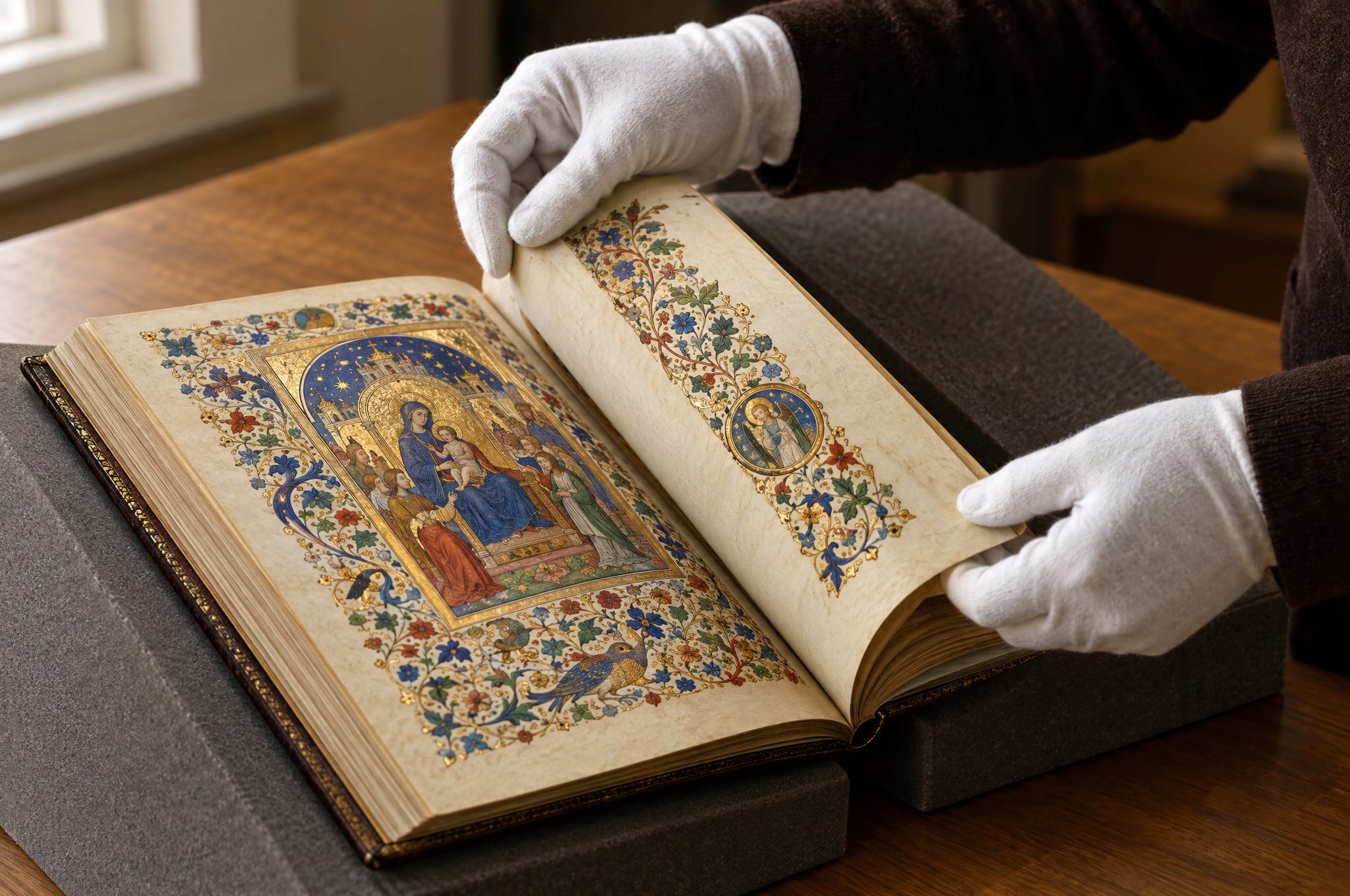 Hände in weißen Archivhandschuhen blättern in einem Faksimile mit Goldminiatur