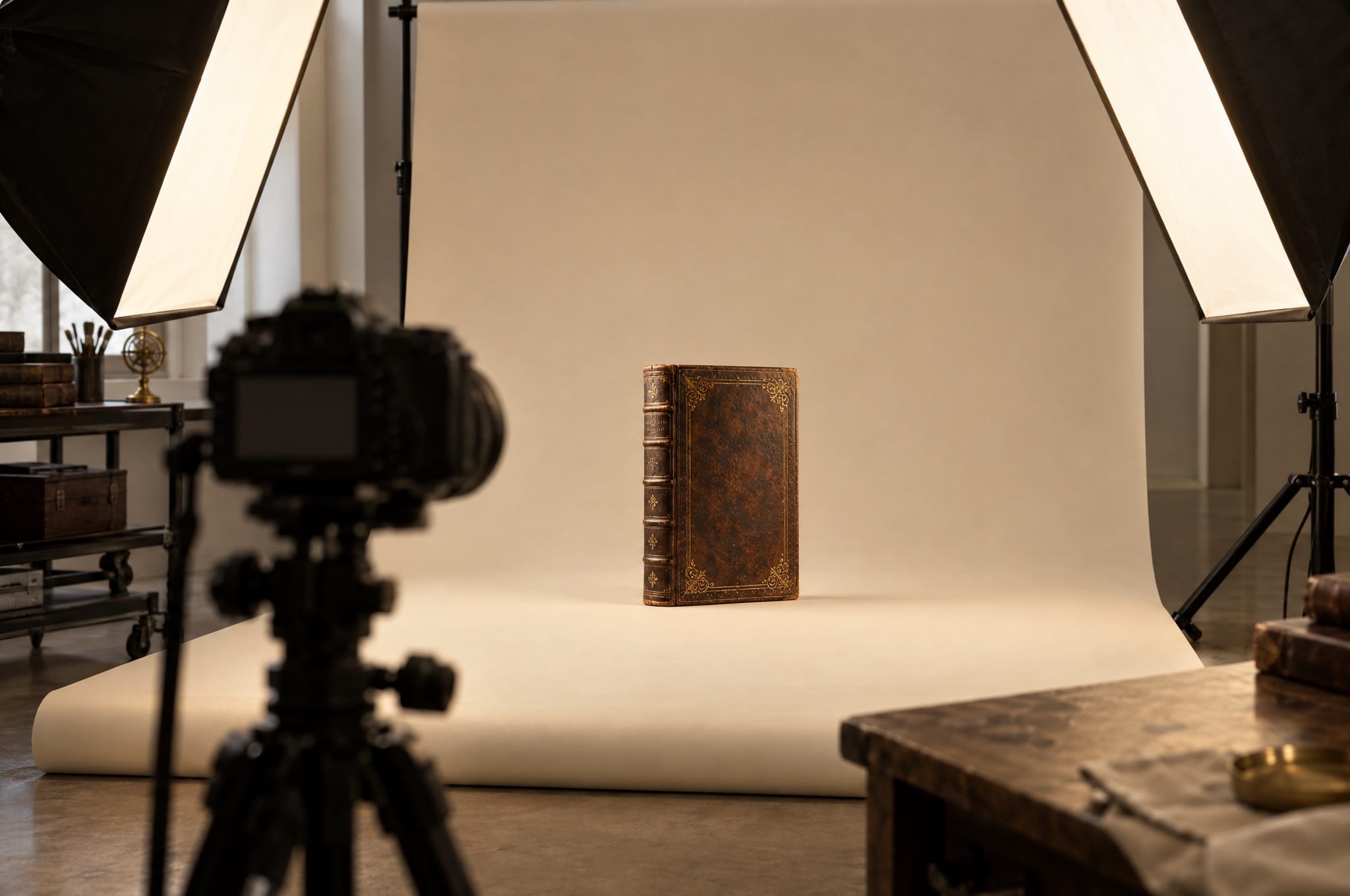 Fotostudio mit Softboxen und einem historischen Lederband vor hellem Hintergrund